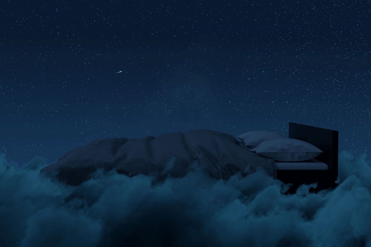 An image of a bed floating on clouds. It's nighttime and the sky is clear and star-flecked. 
